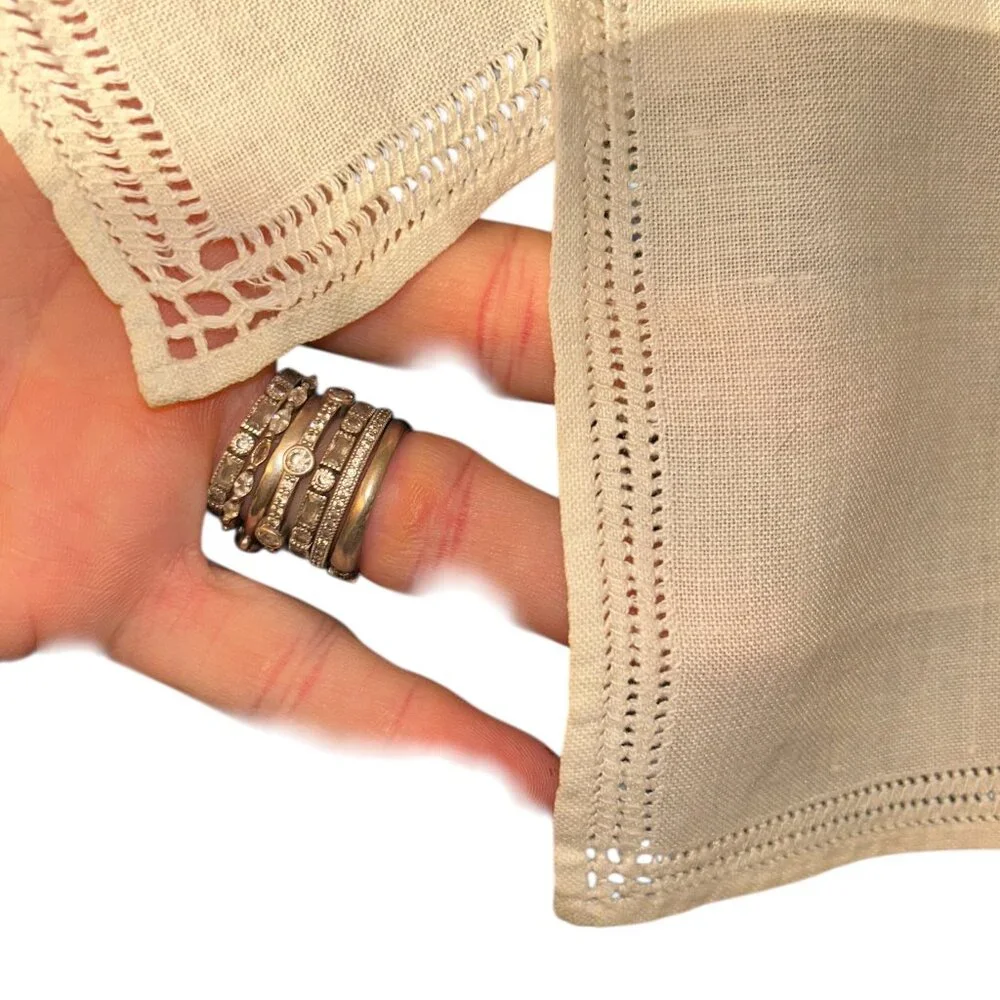 Vintage white Linen Hand pin tuck hemstitch trim 2 napkins   Winter White Sale